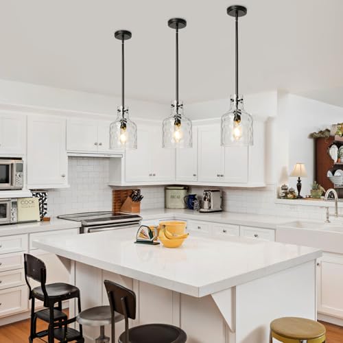 Black Hammered Glass Pendant Light Fixture for Kitchen Island - 7 Inch Modern Farmhouse Lighting - Variation of Black-Hammered Glass / 1-Light