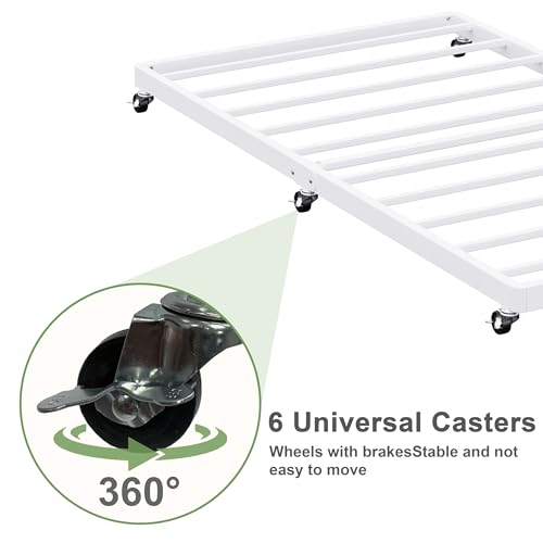Lutown-Teen White Twin Trundle Bed Frame with Lockable Wheels