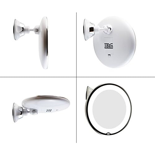 JiBen LED Lighted 10X Magnifying Makeup Mirror with Power Locking Suction Cup, Bright Diffused Light and 360 Degree Rotating Adjustable Arm, Portable Cordless Home and Travel Bathroom Vanity Mirror