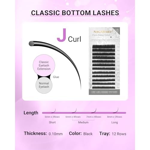 NAGARAKU Eyelash Extensions Classic J B C D N LC LD L DD CC LB Curl 0.03-0.20 Thickness 5-17mm, Matte Black Individual Lashes Professional Supplies for Lash Techs (0.10-J 5-8mm Mix Bottom Lashes)