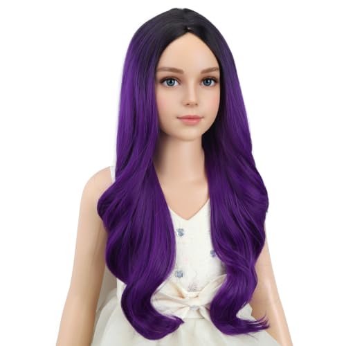 Ombre Purple Long Curly Wavy Wig for Kids Girls - Heat Resistant Synthetic Hair