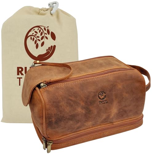 Leather Toiletry Bag for Men Women - Travel Shaving Dopp Kit - Brown