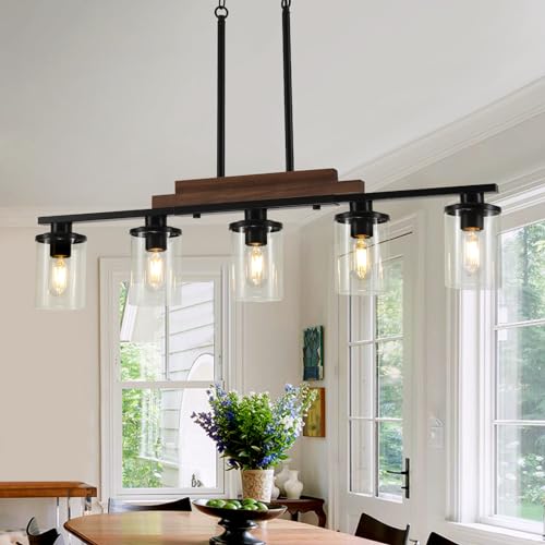 VbiTmn Farmhouse Black 5-Light Chandelier Dining Room Light Fixture - Adjustable Height
