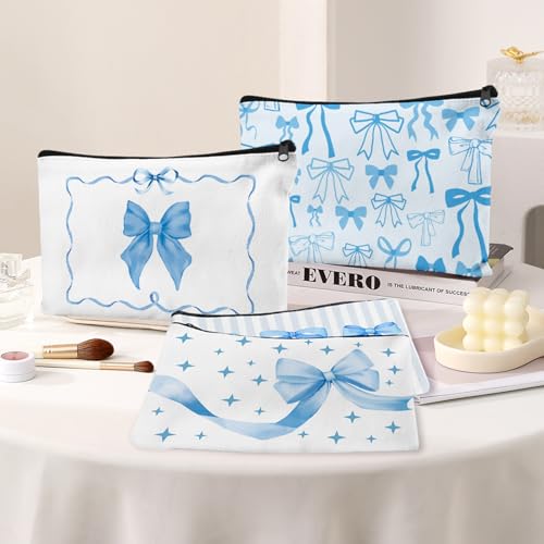 Blue Bow Makeup Bag Set - 30 Women Cosmetic Pouches for Travel & Gifts