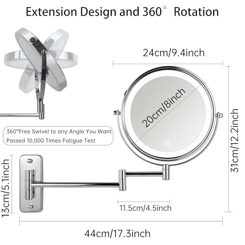 JANEEVA Chrome 8-Inch Wall Mounted Lighted Makeup Mirror 1X/10X Magnification, Touch Dimmable, 360° Swivel