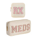 Travel Makeup Bag with Chenille Letter Patch - Beige MEDS-RX, Compact & Waterproof