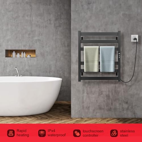 Stainless Steel Towel Warmer Rack 6 Bars - 26 Inch Wall-Mounted Model - Waterproof & Touchscreen Control - Suitable for Spa & Home