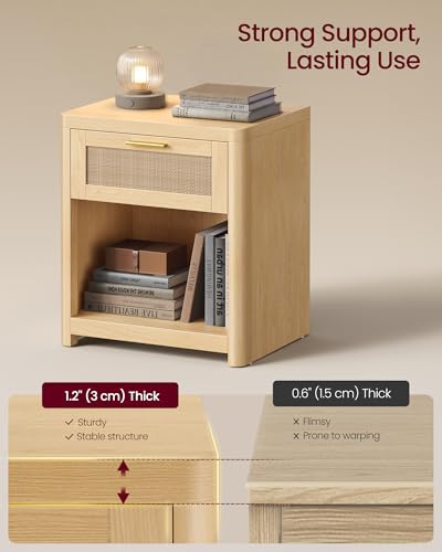 VASAGLE Boho Nightstands Set of 2 with Rattan Look Drawer - Oak Beige, 15"D x 18.9"W x 23.6"H