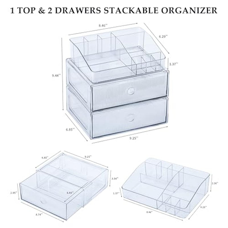3-Tiers Makeup Organizer with Drawer, Stackable Skincare Storage Box for Vanity and Bathroom, Beauty Essentials, Cosmetic Brushes, Perfume Stand, Large Lipsticks Holder