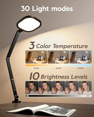 LitONES Black LED Desk Lamp with Clamp, 2000LM, 30 Lighting Modes, Metal Arm