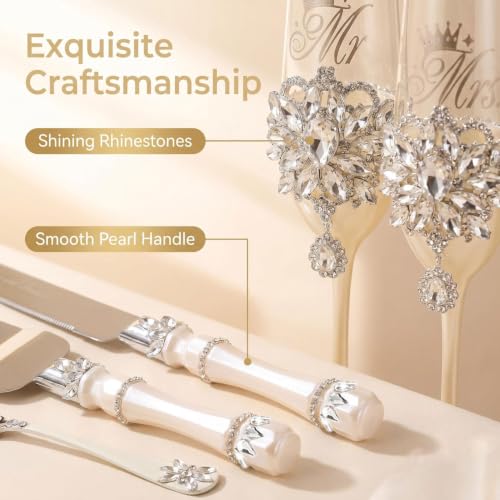 Wedding Cake Cutting Set with Crystal Champagne Flutes - Silver Variation