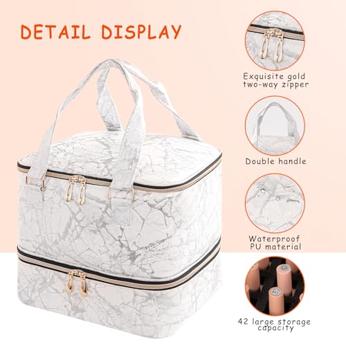 Nail Polish Organizer, Double Layer Nail Polish Storage Bag Carrying Case Holds 42 Bottles with Nail Dryer Lamp Portable Manicure kit supplies Organizer £¨White£©