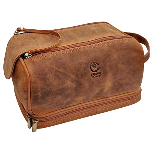 Leather Toiletry Bag for Men Women - Travel Shaving Dopp Kit - Brown