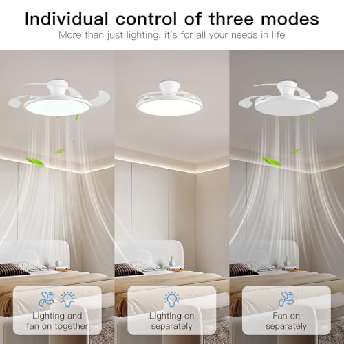 White 42-Inch Retractable Ceiling Fan with Lights & Remote Control - Modern Low Profile Fandelier for Bedroom & Living Room