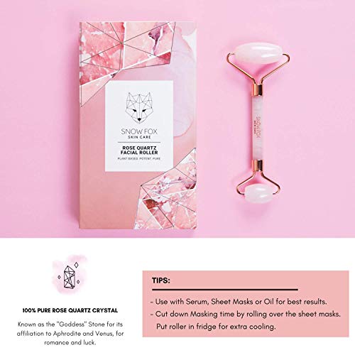 Snow Fox Skin Care Hand-Carved Rose Quartz Facial Roller ? Authentic Crystal Face Roller with Dual Ends, Noiseless Design & Real Quartz Handle ? Cooling, De-Puffing, Relaxing Self-Care Tool