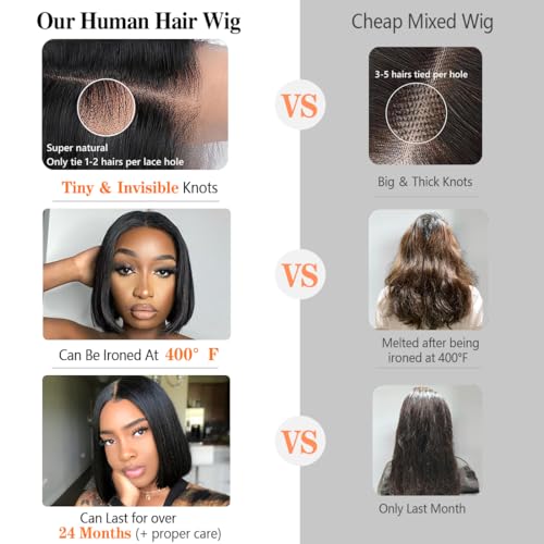 HWOWig 16 Inch Human Hair Bob Wig - Pre Plucked, Short Straight Lace Closure Wig for Black Women