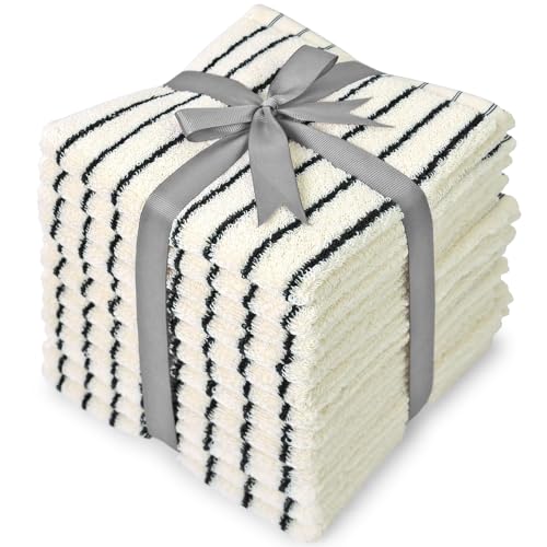 Jacquotha Striped Cotton Washcloths 12 Pack, 13¡± x 13¡± - Soft Wash Cloths for Bathroom, Kitchen, Gym, Face, Black and Cream