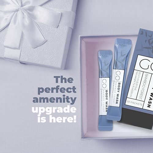 GO Essentials Travel Size Single Use Body Wash Packets - TSA Friendly, Bulk Supplies for Airbnb Essentials, Shelters & Hotels (Bamboo Forest, 4 Boxes/80 Packets)