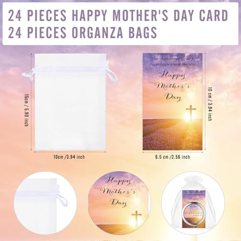 24 Sets Mother's Day Church Gifts Bulk Christian Compact Makeup Mirror Bible Verse Round Pocket Mirror with Gift Cards Organza Bags for Women (3 Style)