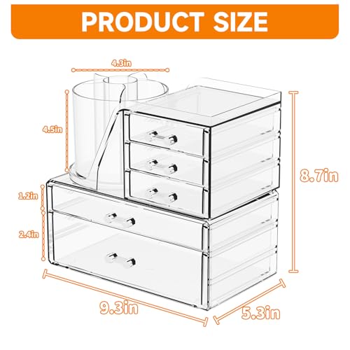 Acrylic Makeup Organizer with Drawer and Brush Holder 3-Pack for Vanity