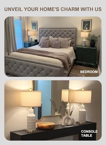 Set of 2 Modern 25-Inch White Washed Ceramic Bedside Table Lamps - Nightstand Lamps for Bedroom & Living Room - Includes Hardware & Linen Shades