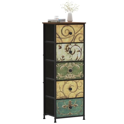 Small Dresser with Retro Flower Fabric Drawers – Multi, 5 Drawers, 11.8 x 16.5 x 45.5 Inches