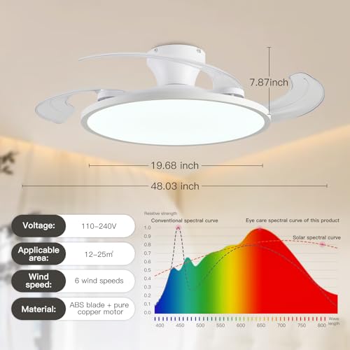 White 42-Inch Retractable Ceiling Fan with Lights & Remote Control - Modern Low Profile Fandelier for Bedroom & Living Room