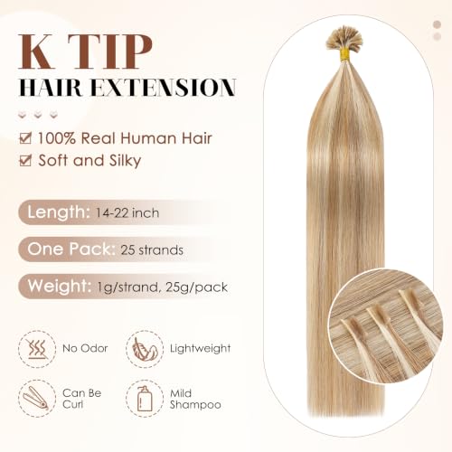 K Tip Hair Extensions - Real Human Hair, 20 Inch, Golden Brown & Bleach Blonde, 25 Strands