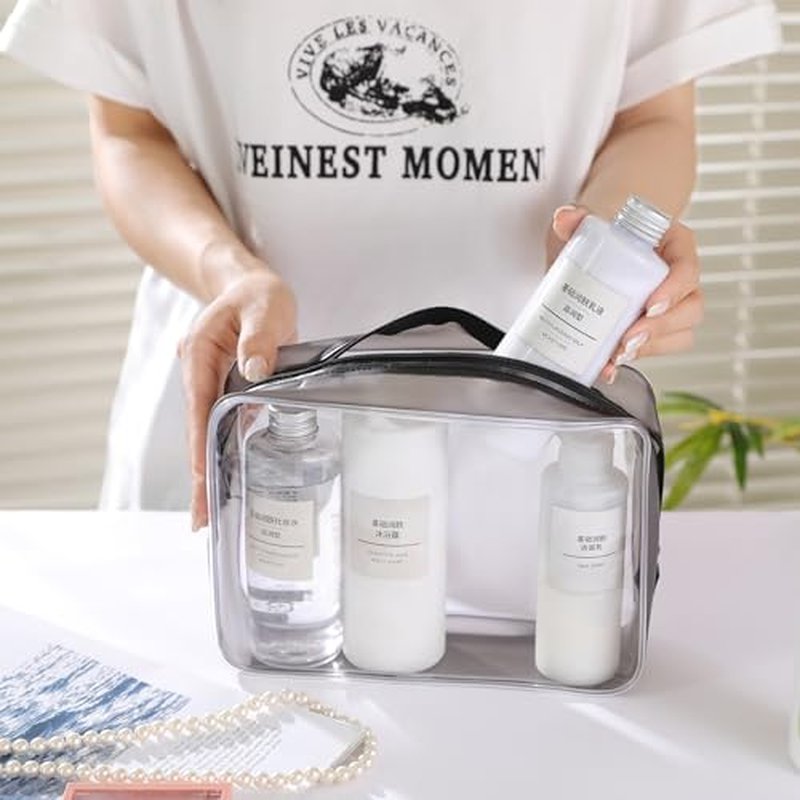 4 Pcs Clear Toiletry Carry Pouch with Zipper, Makeup Cosmetic Bag for Women Men Traveling Vacation Organization Business Trip Home Clear-Black