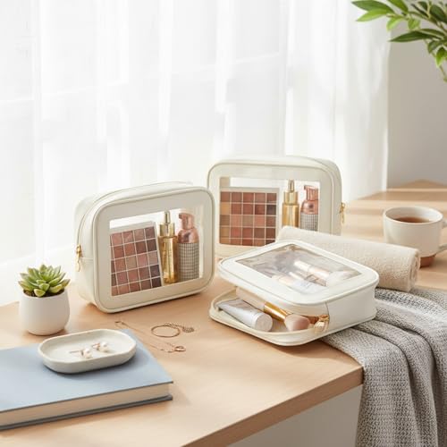 Clear Makeup Bags Set - 6 Pcs Cream White Travel Toiletry Organizer 21x15x6cm - Waterproof Nylon PVC