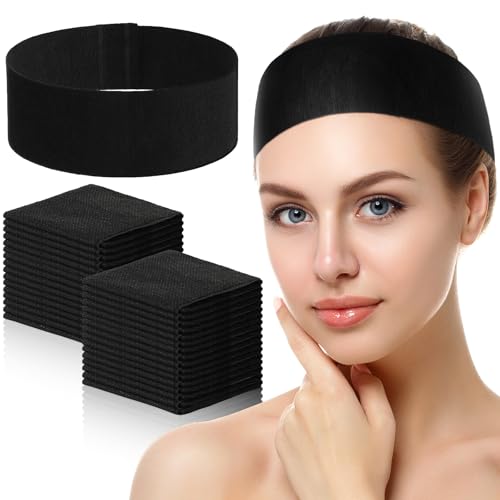 Disposable Spa Facial Headbands Black 140 Pcs - Soft, Stretchable, One Size Fits All