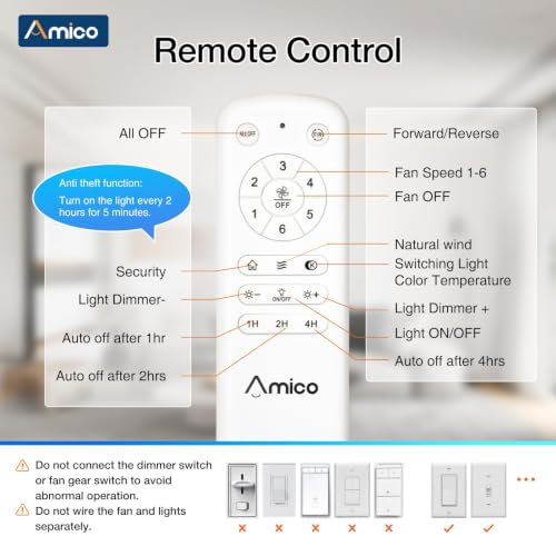 Amico 52 Inch Smart Ceiling Fan with Lights - Black, Downrod Mount