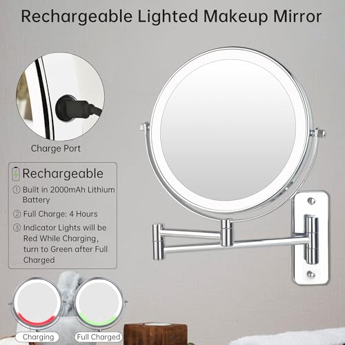 JANEEVA Chrome 8-Inch Wall Mounted Lighted Makeup Mirror 1X/10X Magnification, Touch Dimmable, 360° Swivel