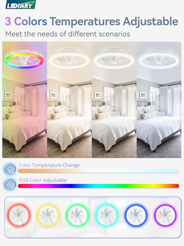 LEDIARY 20 Inch RGB Ceiling Fan with Lights & Remote - White Modern Flush Mount Fan with Dimmable & Reversible Features