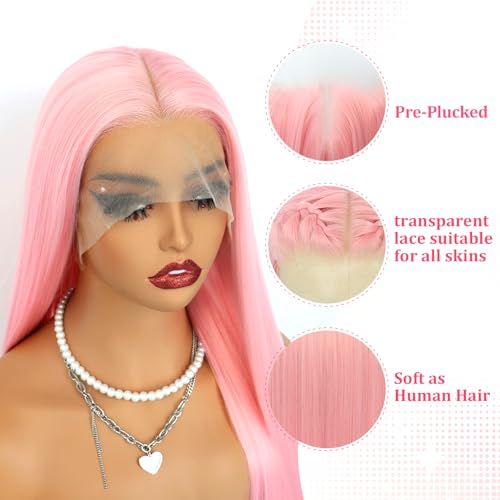 A-Light Pink Synthetic Lace Front Wig Long Straight Hair Natural Hairline Glueless Heat-Resistant Fiber for Women