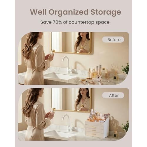 Lolalet PU Leather Makeup Organizer for Vanity Desk, 4-Layer Luxury Make Up Storage Cosmetics Holder Box with Drawers -Cream