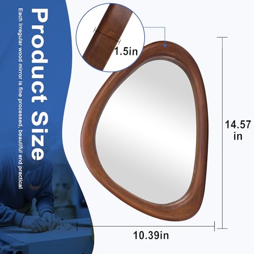 Irregular Wooden Wall Mirror 15x10in, Asymmetrical Rustic Frame, Small Decorative Mirror