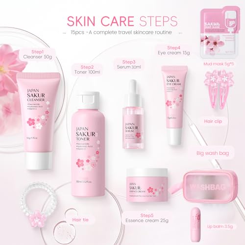 Skin Care Set, Gift Sets Skin Care Kit for Teenage Girls - JAPAN Cherry Blossom Skincare Sets Cleanser, Toner, Serum, Face Cream, Travel Kit for Women Kids Teenagers(15pcs)