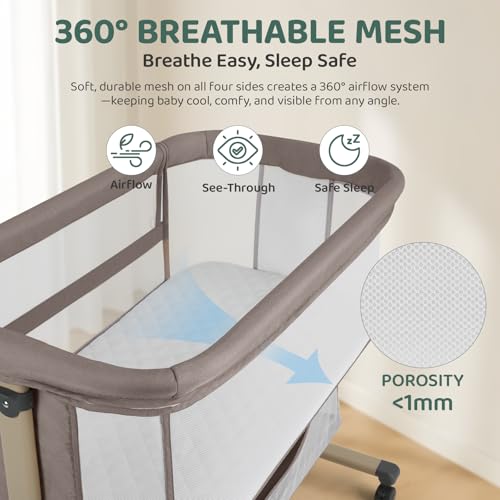 Cowiewie Bassinet Bedside Sleeper Khaki - Breathable, Adjustable Baby Crib
