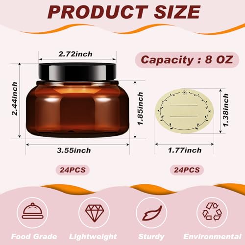8 oz Plastic Cosmetic Jars with Lids & Labels - 24 Pack, Brown - Reusable & Leakproof