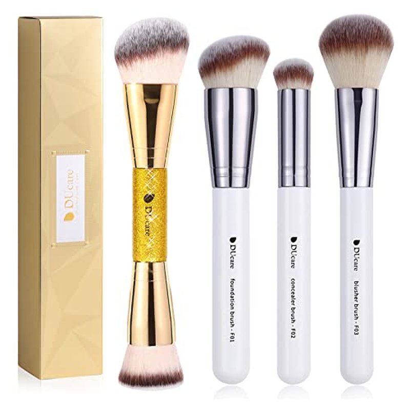 DUcare Gold Foundation, Concealer & Blusher Brush Set - Soft Synthetic Bristles - Angled Flat, Concealer, Blusher - Face Makeup Brush Set