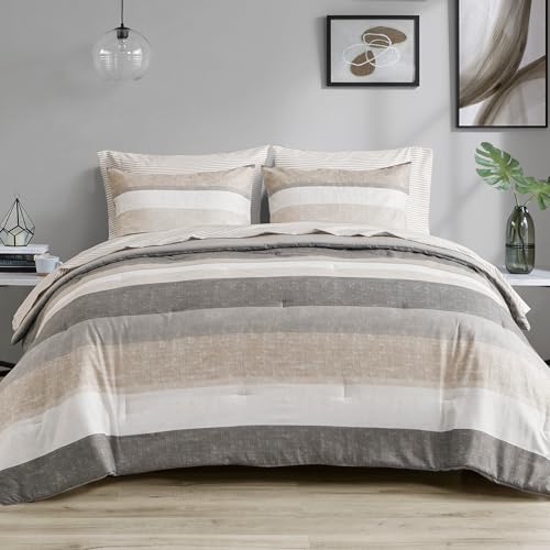 Queen Comforter Set with Sheets - Taupe/Grey Stripe Bed in a Bag, 7 Pieces