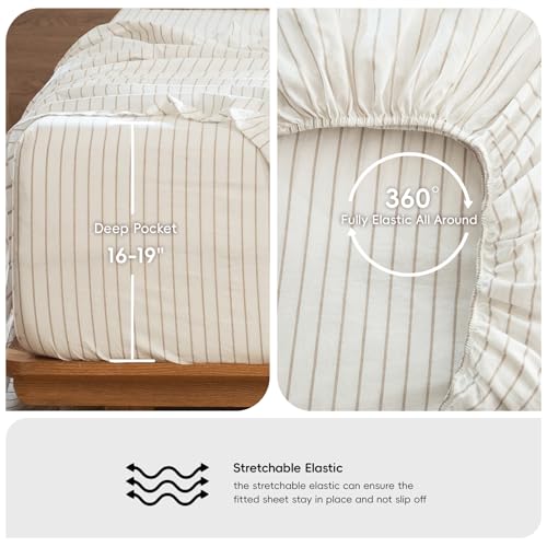 MooMee King Striped Washed Cotton Linen-Like Bed Sheet Set - Wide White & Tannish Grey