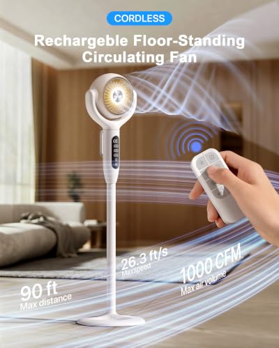 Off-White Cordless Pedestal Fan for Bedroom - Oscillating, 3-in-1 Adjustable Fan
