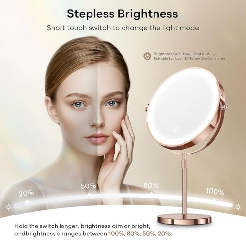 Rose Gold Lighted Makeup Mirror with 1X/30X Magnification, Dimmable LEDs, 360° Rotation, Rechargeable Battery
