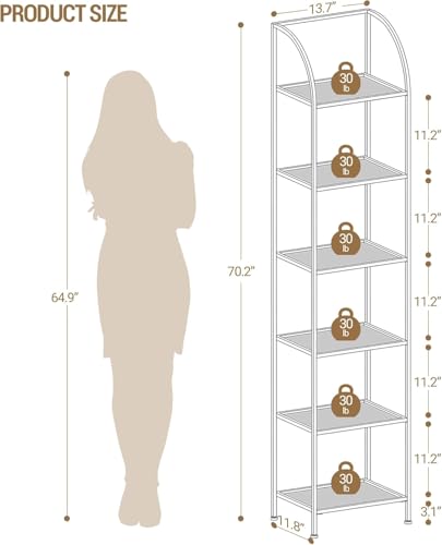 Gold 6-Tier Glass & Steel Arched Bookcase - Space-Saving Shelving Unit - 11.8 x 13.8 x 70.3 Inches