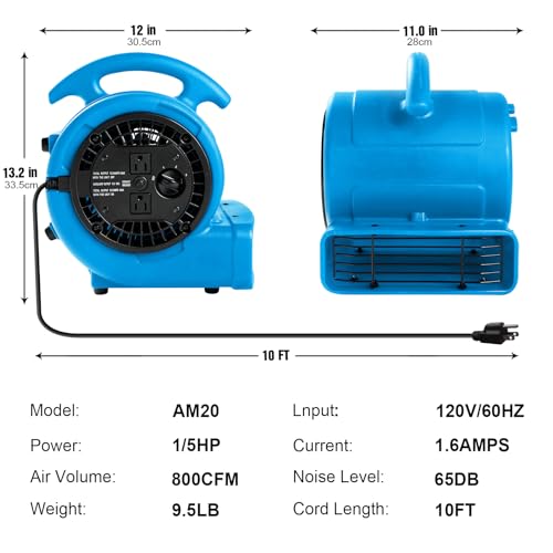 MOUNTO 1/5hp Air Mover Blower Fan for Carpet & Floor Drying - Blue