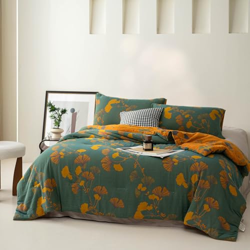 Purefair Green Yellow 100% Cotton Muslin Jacquard Comforter Set - King, Reversible Floral Ginkgo Print, All-Season Bedding