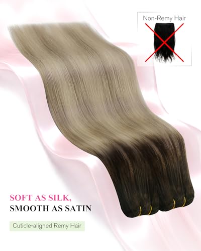 YoungSee Sew-In Hair Extensions Ombre Brown to Blonde 14 Inch 70g - Short Straight Human Hair Weft, Variation 2-E-#4/14/60