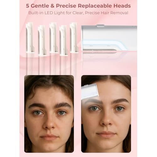 Dermaplane Facial Razor for Women ? Electric 3-Speed Sonic Face Hair Removal Tool with LED Light, Peach Fuzz Remover & Exfoliating Dermaplaning Tool, USB-C Rechargeable with 5 Replacement Heads